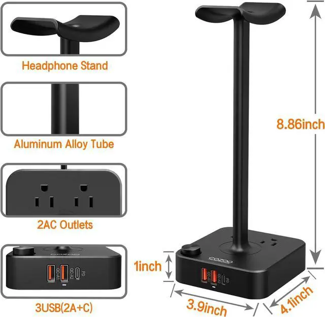 Alt view image 6 of 7 - COZOO Headphone Stand with USB Charger Desktop Gaming Headset Holder Hanger with 3 USB Charging Station and 2 Outlets Power Strip,Suitable for Gaming, DJ,Wireless Earphone Display, Gamer Gifts for Men
