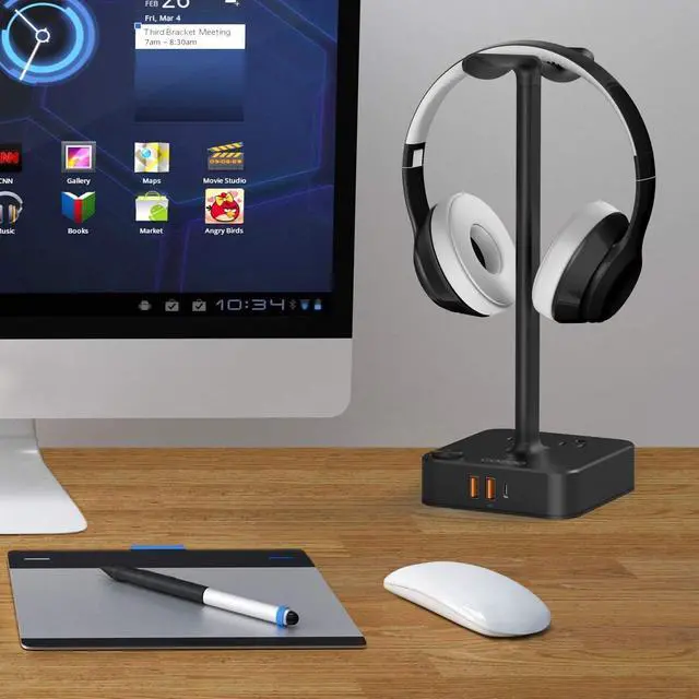 Alt view image 7 of 7 - COZOO Headphone Stand with USB Charger Desktop Gaming Headset Holder Hanger with 3 USB Charging Station and 2 Outlets Power Strip,Suitable for Gaming, DJ,Wireless Earphone Display, Gamer Gifts for Men