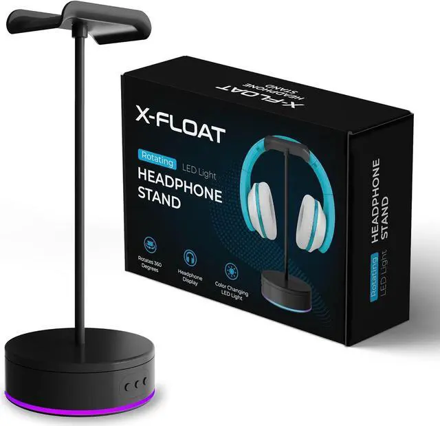 Alt view image 2 of 5 - Rotating Headphone Display Stand for Desk with LED Lights - Spinning Gaming Headset Stand (Black)
