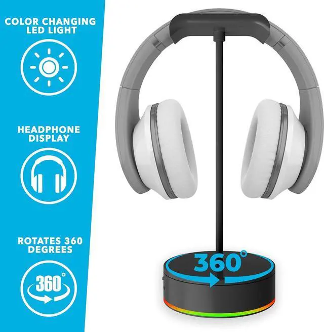 Alt view image 3 of 5 - Rotating Headphone Display Stand for Desk with LED Lights - Spinning Gaming Headset Stand (Black)