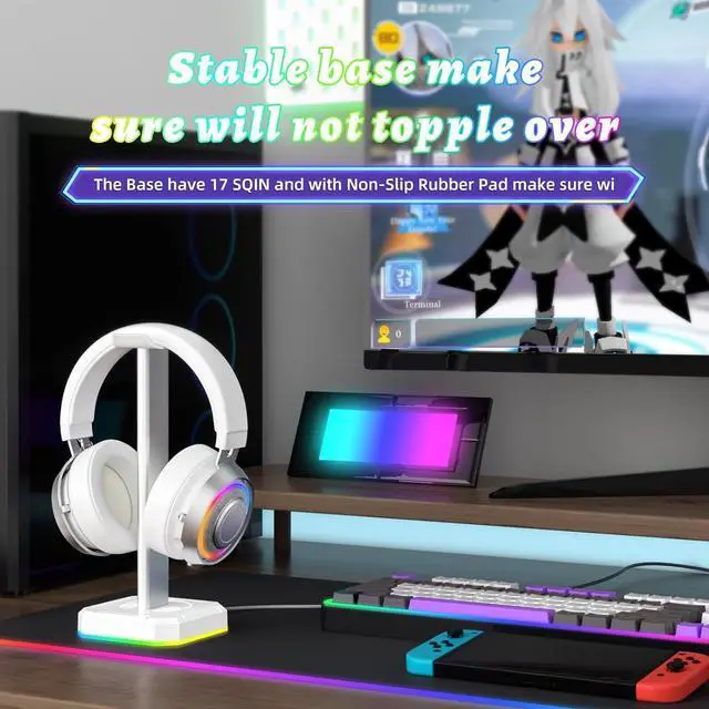 Alt view image 4 of 6 - White Headphone Stand,Desk RGB Lights Headset Holder,Suitable for All Over-Ear Headphone (White, Only RGB Light)
