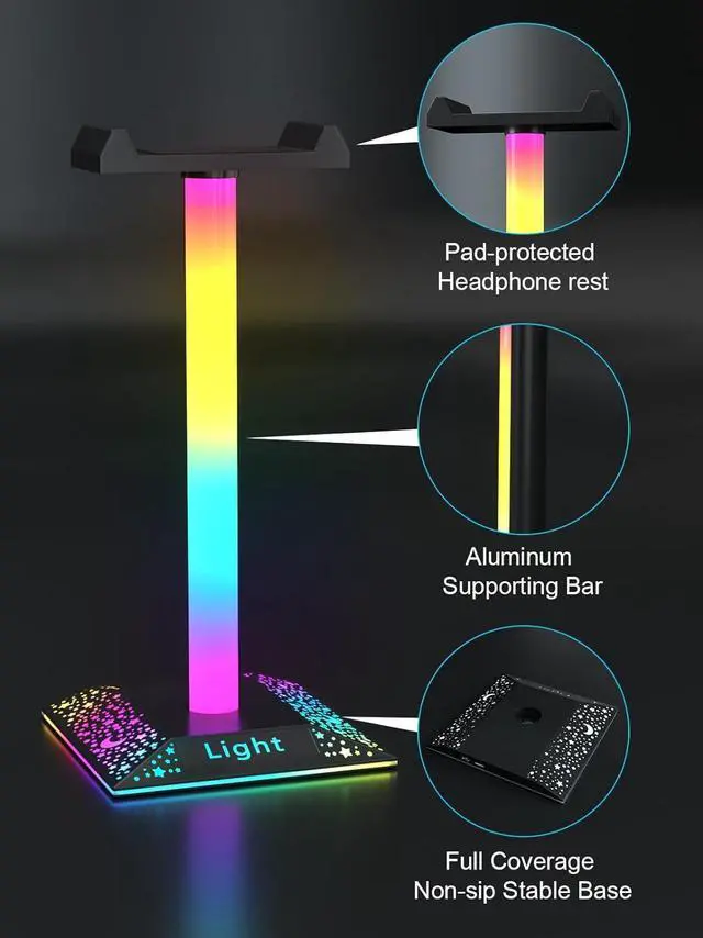 Alt view image 3 of 6 - KANTUTOE RGB Headset Stand Desk Accessories, Headphone Stand with 1 Type-C Port, Headphone Holder with 10 Light Modes and Non-Slip Rubber, Best Gift for Husband, Kids, Boyfriend