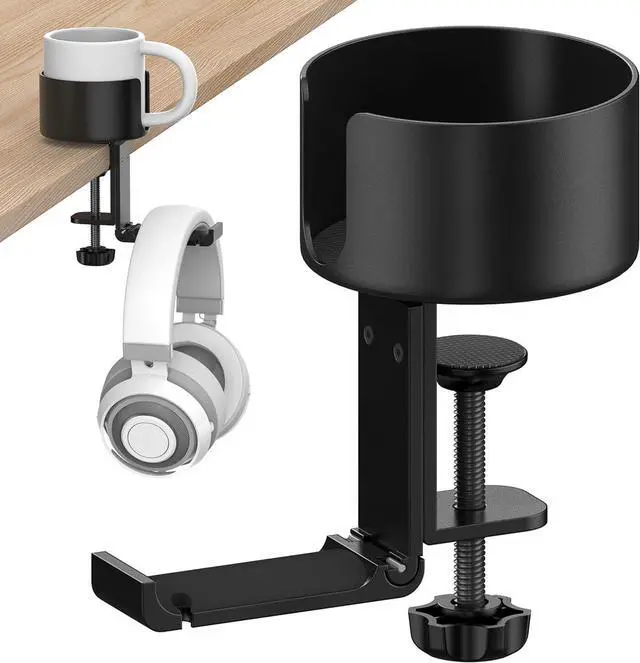 Main image of POWNEW 2 in 1 Desk Cup Holder with Headphone Hanger Gaming Accessories, Universal Adjustable & Foldable Upgraded Arm Clamp Stand for Coffee Mugs, Water Bottles, Headphones.