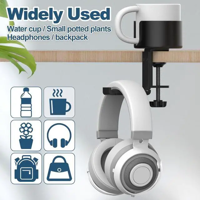 Alt view image 2 of 7 - POWNEW 2 in 1 Desk Cup Holder with Headphone Hanger Gaming Accessories, Universal Adjustable & Foldable Upgraded Arm Clamp Stand for Coffee Mugs, Water Bottles, Headphones.