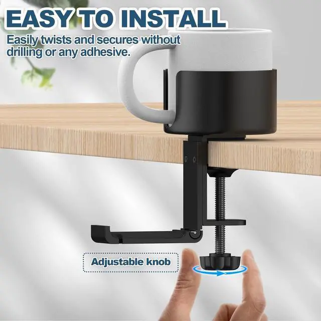 Alt view image 3 of 7 - POWNEW 2 in 1 Desk Cup Holder with Headphone Hanger Gaming Accessories, Universal Adjustable & Foldable Upgraded Arm Clamp Stand for Coffee Mugs, Water Bottles, Headphones.