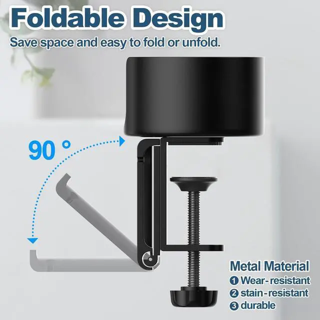 Alt view image 5 of 7 - POWNEW 2 in 1 Desk Cup Holder with Headphone Hanger Gaming Accessories, Universal Adjustable & Foldable Upgraded Arm Clamp Stand for Coffee Mugs, Water Bottles, Headphones.