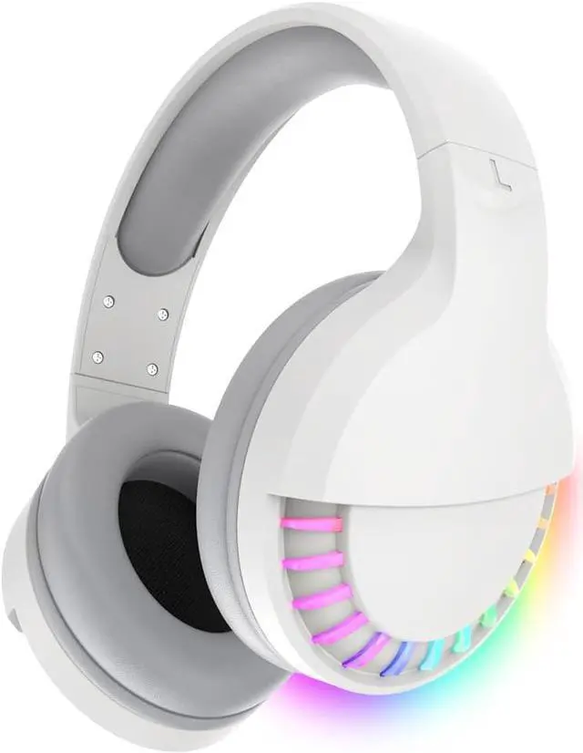 Main image of Wireless Bluetooth Headphone with Noise Cancellation HiFi Stereo Sound Mic Deep Bass Protein Earpad Rainbow RGB Backlight Rechageable Over Ear Headset for PC Mac Game Travel Class Home Office (White)
