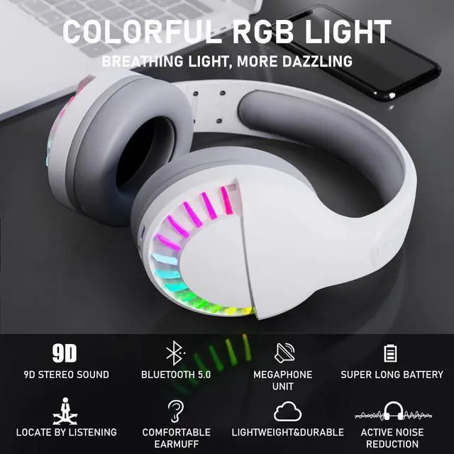 Alt view image 2 of 7 - Wireless Bluetooth Headphone with Noise Cancellation HiFi Stereo Sound Mic Deep Bass Protein Earpad Rainbow RGB Backlight Rechageable Over Ear Headset for PC Mac Game Travel Class Home Office (White)