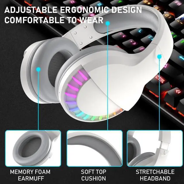Alt view image 7 of 7 - Wireless Bluetooth Headphone with Noise Cancellation HiFi Stereo Sound Mic Deep Bass Protein Earpad Rainbow RGB Backlight Rechageable Over Ear Headset for PC Mac Game Travel Class Home Office (White)