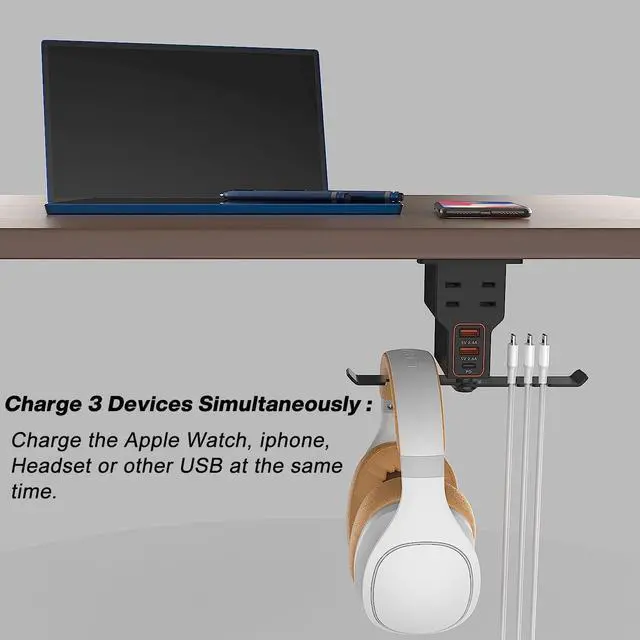 Alt view image 3 of 6 - Headphones Stand Headset Hanger with 3USB Charger 1 Type C + 2 USB A Charging Port 2 2-Prong AC Outlets Power Headphone Holder Hook Charging Station Under Desk for Gamer Gift Desk Gaming Accessories