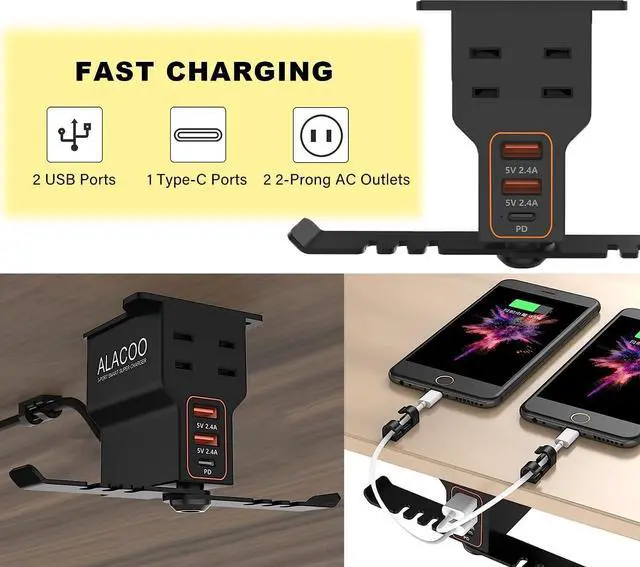 Alt view image 4 of 6 - Headphones Stand Headset Hanger with 3USB Charger 1 Type C + 2 USB A Charging Port 2 2-Prong AC Outlets Power Headphone Holder Hook Charging Station Under Desk for Gamer Gift Desk Gaming Accessories