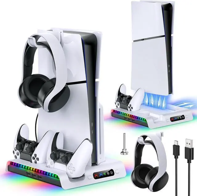 Main image of FASTSNAIL Charging Stand with Cooling Fan Only for PS5 Slim Console, Dual Controller Charger Station with 9 RGB Lights & Headset Hook & 3-Level Silent Fan, Cooler Accessories for PS5 Slim Digital/Disc