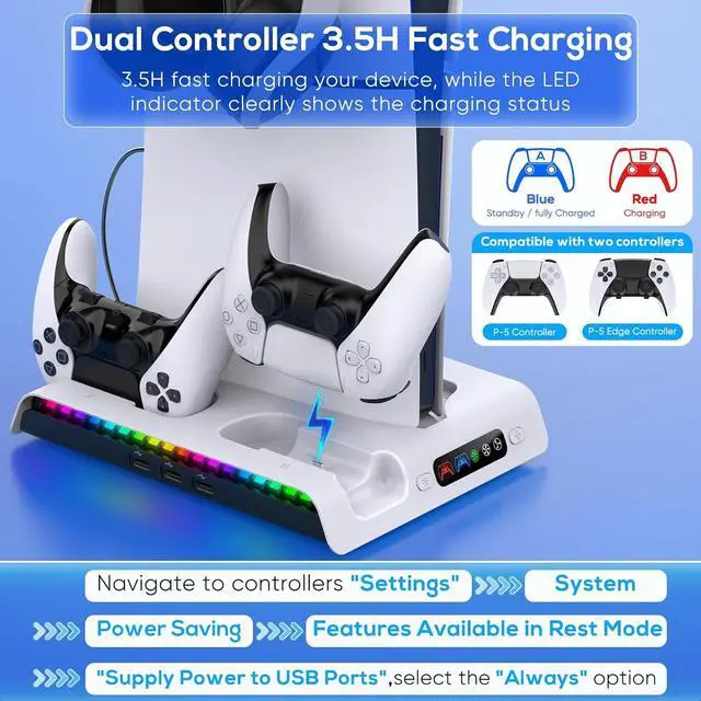 Alt view image 5 of 7 - FASTSNAIL Charging Stand with Cooling Fan Only for PS5 Slim Console, Dual Controller Charger Station with 9 RGB Lights & Headset Hook & 3-Level Silent Fan, Cooler Accessories for PS5 Slim Digital/Disc