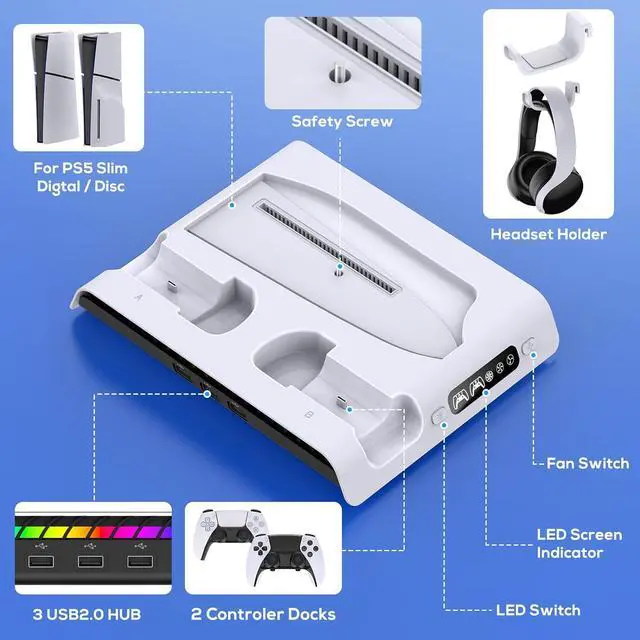 Alt view image 6 of 7 - FASTSNAIL Charging Stand with Cooling Fan Only for PS5 Slim Console, Dual Controller Charger Station with 9 RGB Lights & Headset Hook & 3-Level Silent Fan, Cooler Accessories for PS5 Slim Digital/Disc