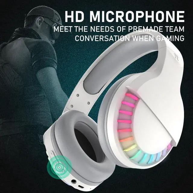Alt view image 6 of 7 - Wireless Bluetooth Headphone with Noise Cancellation HiFi Stereo Sound Mic Deep Bass Protein Earpad Rainbow RGB Backlight Rechageable Over Ear Headset for PC Mac Game Travel Class Home Office (White)