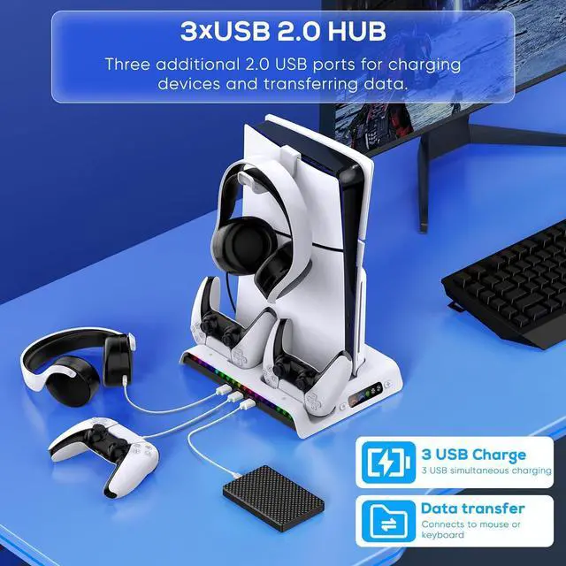 Alt view image 6 of 7 - FASTSNAIL Charging Stand with Cooling Fan Only for PS5 Slim Console, Dual Controller Charger Station with 9 RGB Lights & Headset Hook & 3-Level Silent Fan, Cooler Accessories for PS5 Slim Digital/Disc