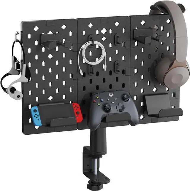 Main image of PEGZONE Modular Headphone and Controller Holder for Game, Clamp-on Pegboard, Rotatable Controller Stand with Cable Hooks, Gaming Accessory for Xbox PS5 PS4 Nintendo Switch, 3Pcs Pegboard, Black