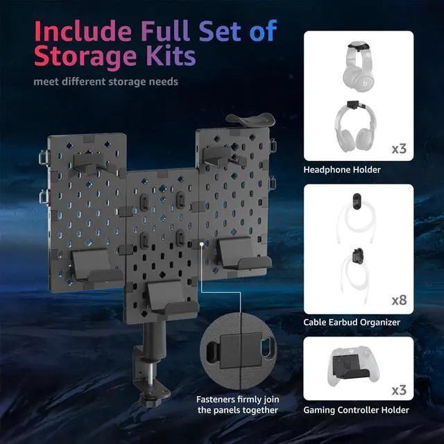 Alt view image 4 of 7 - PEGZONE Modular Headphone and Controller Holder for Game, Clamp-on Pegboard, Rotatable Controller Stand with Cable Hooks, Gaming Accessory for Xbox PS5 PS4 Nintendo Switch, 3Pcs Pegboard, Black