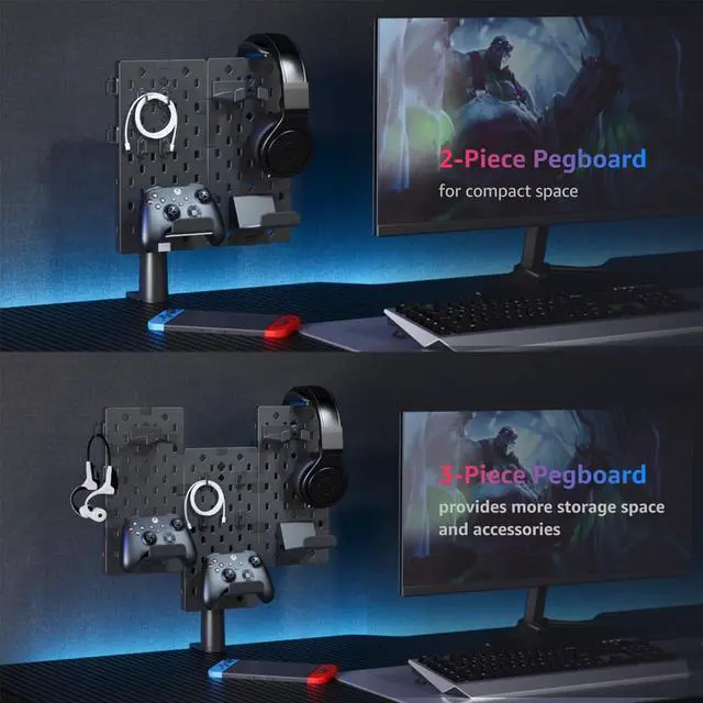 Alt view image 5 of 7 - PEGZONE Modular Headphone and Controller Holder for Game, Clamp-on Pegboard, Rotatable Controller Stand with Cable Hooks, Gaming Accessory for Xbox PS5 PS4 Nintendo Switch, 3Pcs Pegboard, Black