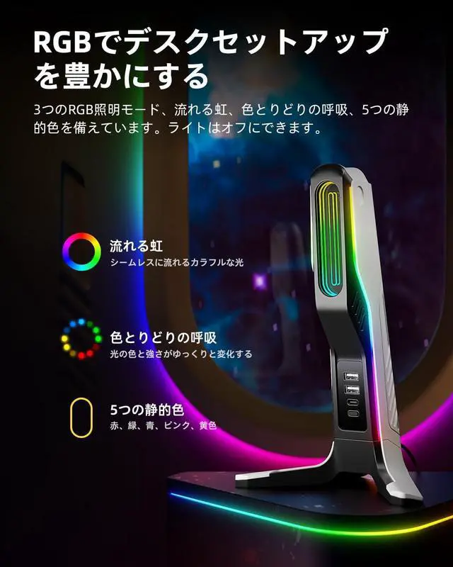 Alt view image 3 of 7 - IFYOO RGB Gaming Headset Stand with 2 USB and 1 Type-C Ports, Game Headphone Mount for PC Computer, Xbox One, Xbox Series S/X, PS5, PS4, Earphone Holder Hanger, Desk Gamer Accessories, Black&White