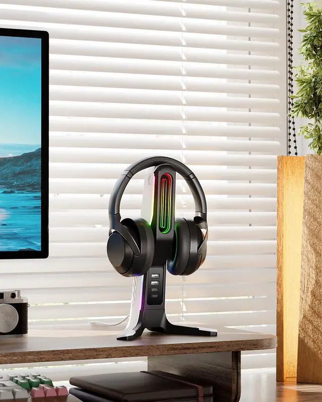 Alt view image 7 of 7 - IFYOO RGB Gaming Headset Stand with 2 USB and 1 Type-C Ports, Game Headphone Mount for PC Computer, Xbox One, Xbox Series S/X, PS5, PS4, Earphone Holder Hanger, Desk Gamer Accessories, Black&White