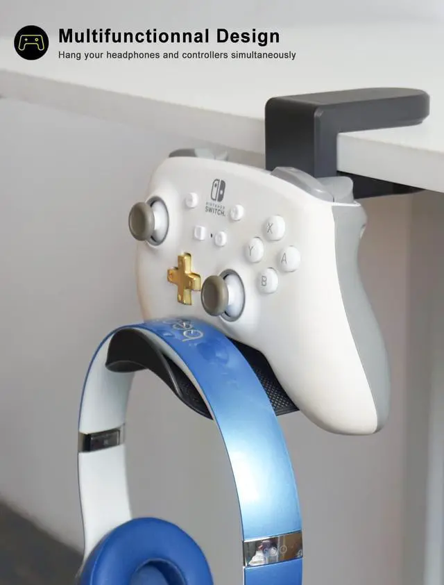 Alt view image 3 of 7 - ETOWIFA Headphone Holder Hanger Upgraded with Rotating & Adjustable Clamp for Controller & Headphones, Headset Stand Under Desk Hook Mount Built in Cable Clip