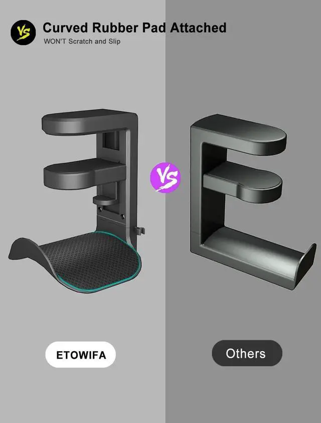 Alt view image 4 of 7 - ETOWIFA Headphone Holder Hanger Upgraded with Rotating & Adjustable Clamp for Controller & Headphones, Headset Stand Under Desk Hook Mount Built in Cable Clip