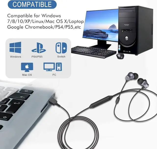Alt view image 2 of 7 - GEVO USB Earbuds with Microphone for PC Laptop, Wired USB Computer in-Ear Headphone 2M/6.6FT Wired Earphones with Volume Controls & Mute Fuction Noise Cancelling Mic for Office Live Gaming Headset