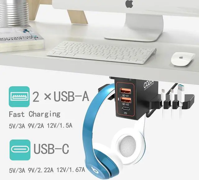 Alt view image 3 of 6 - COZOO Headphone Stand with USB Charger Under Desk Headset Holder Mount with 3 Port USB Charging Station,iWatch Stand Smart Watch Charging Dock Dual Earphone Hanger Hook,PC Accessories Gifts,UL Tested