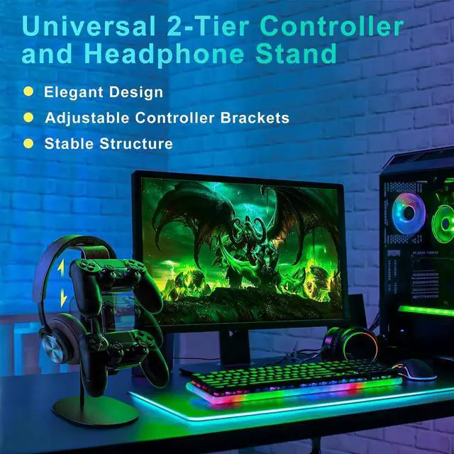 Alt view image 2 of 7 - QinCoon Controller and Headset Holder, Aluminum and Wood Gaming Controller & Headphone Stand for PS5 PS4 Xbox One Nintendo Switch, Universal Desk Game Accessories