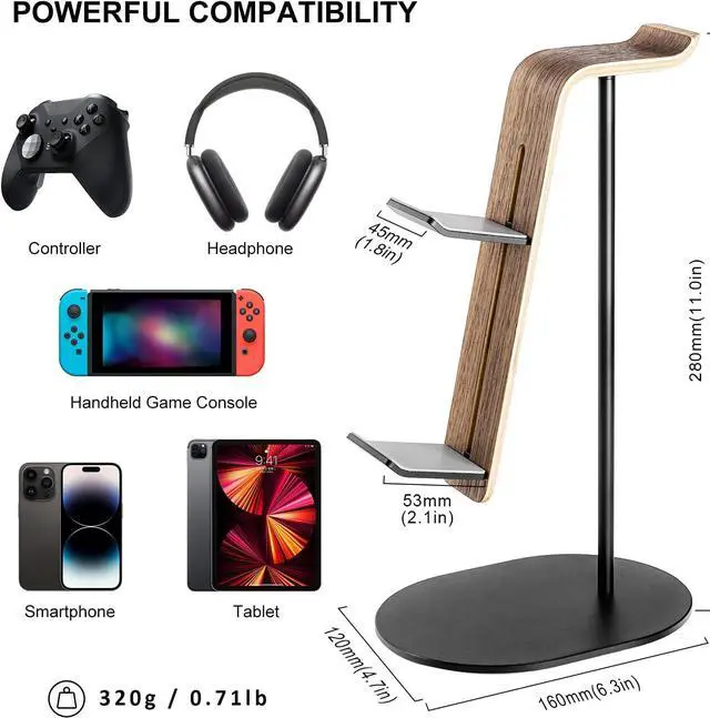 Alt view image 7 of 7 - QinCoon Controller and Headset Holder, Aluminum and Wood Gaming Controller & Headphone Stand for PS5 PS4 Xbox One Nintendo Switch, Universal Desk Game Accessories