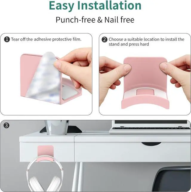 Alt view image 4 of 6 - HomeMount Headphone Stand Headset Holder - Adhesive Gaming Headphone Hanger Hook Desk Mount for Most Headphone & Controller (Pink 2Pack)