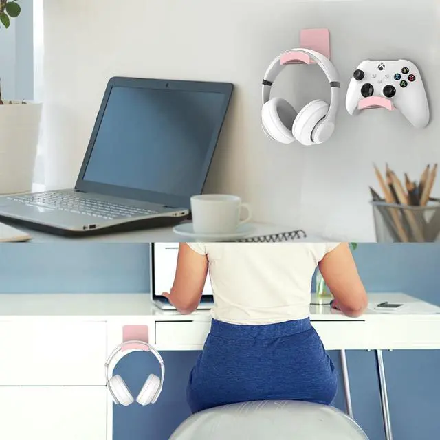 Alt view image 6 of 6 - HomeMount Headphone Stand Headset Holder - Adhesive Gaming Headphone Hanger Hook Desk Mount for Most Headphone & Controller (Pink 2Pack)