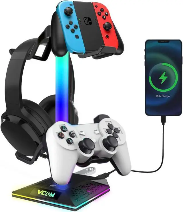 Main image of RGB Gaming Headphones Stand with 2 USB Ports Headset Stand with 10 Light Modes and Non-Slip Rubber, Suitable for All Earphone Accessories, Best Gift for Husband, Kids, Boyfriend