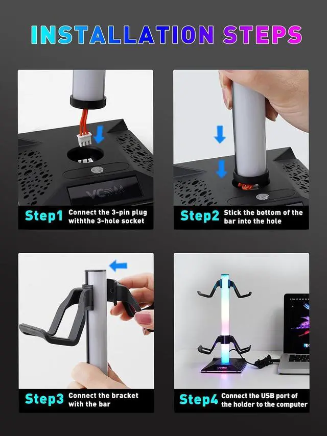 Alt view image 6 of 7 - RGB Gaming Headphones Stand with 2 USB Ports Headset Stand with 10 Light Modes and Non-Slip Rubber, Suitable for All Earphone Accessories, Best Gift for Husband, Kids, Boyfriend