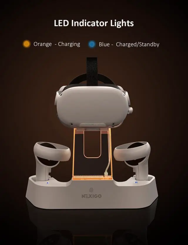 Alt view image 3 of 7 - NexiGo Enhanced Charging Dock with LED Light [On/Off] for Oculus Quest 2, [Support Elite Strap with Battery], Headset Display Holder and Controller Mount, 2 Rechargeable Batteries, USB-C Charger