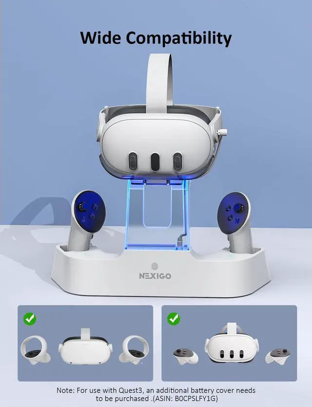 Alt view image 7 of 7 - NexiGo Enhanced Charging Dock with LED Light [On/Off] for Oculus Quest 2, [Support Elite Strap with Battery], Headset Display Holder and Controller Mount, 2 Rechargeable Batteries, USB-C Charger