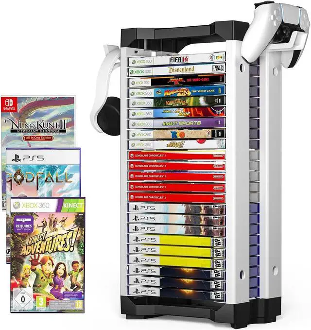 Main image of Allnice Game Storage Tower Multifunction Video Game Shelf for 24 game Disk, 2 Headsets Controllers Holder Compatible with PS3/PS4/PS5/ Nintendo Switch/Xbox One, Xbox Series X/S and Blu-Ray Discs