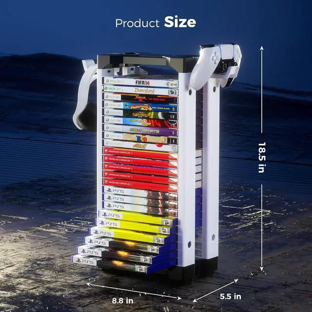 Alt view image 3 of 7 - Allnice Game Storage Tower Multifunction Video Game Shelf for 24 game Disk, 2 Headsets Controllers Holder Compatible with PS3/PS4/PS5/ Nintendo Switch/Xbox One, Xbox Series X/S and Blu-Ray Discs