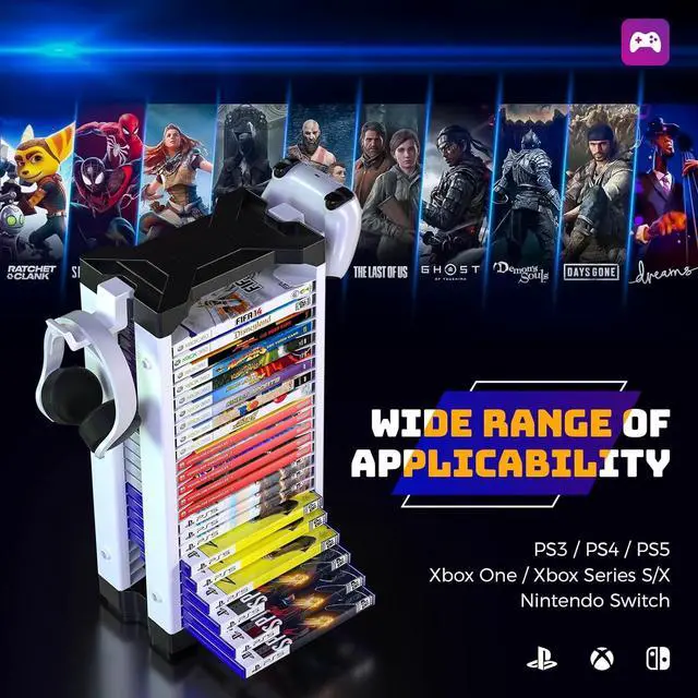 Alt view image 2 of 7 - Allnice Game Storage Tower Multifunction Video Game Shelf for 24 game Disk, 2 Headsets Controllers Holder Compatible with PS3/PS4/PS5/ Nintendo Switch/Xbox One, Xbox Series X/S and Blu-Ray Discs