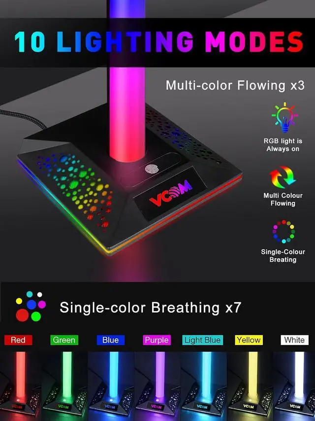 Alt view image 2 of 7 - RGB Gaming Headphones Stand with 2 USB Ports Headset Stand with 10 Light Modes and Non-Slip Rubber, Suitable for All Earphone Accessories, Best Gift for Husband, Kids, Boyfriend