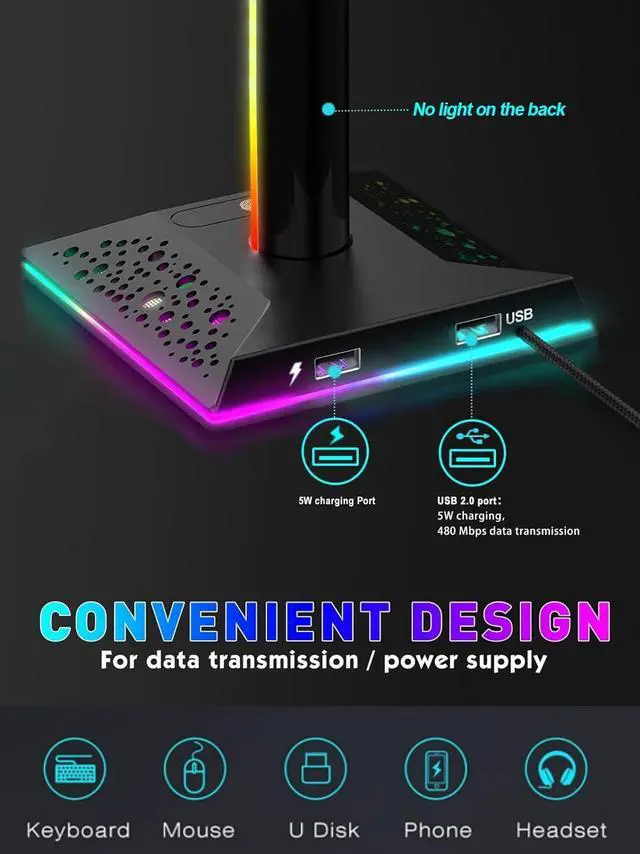 Alt view image 4 of 7 - RGB Gaming Headphones Stand with 2 USB Ports Headset Stand with 10 Light Modes and Non-Slip Rubber, Suitable for All Earphone Accessories, Best Gift for Husband, Kids, Boyfriend