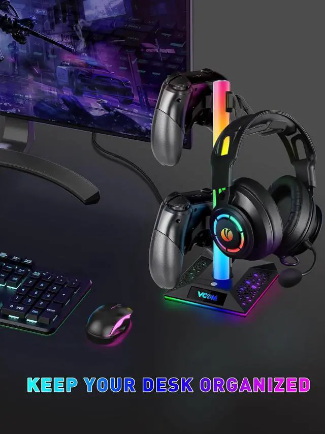 Alt view image 5 of 7 - RGB Gaming Headphones Stand with 2 USB Ports Headset Stand with 10 Light Modes and Non-Slip Rubber, Suitable for All Earphone Accessories, Best Gift for Husband, Kids, Boyfriend
