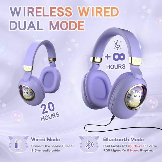 Alt view image 2 of 7 - Xmenha Purple Kids Bluetooth Headphones Wired with Microphone for School - Wireless Boy Girls Noise Cancelling Over Ear Bluetooth Headphones Children Headsets for iPad Kindle Airplane Travel Tablet