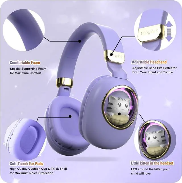 Alt view image 6 of 7 - Xmenha Purple Kids Bluetooth Headphones Wired with Microphone for School - Wireless Boy Girls Noise Cancelling Over Ear Bluetooth Headphones Children Headsets for iPad Kindle Airplane Travel Tablet