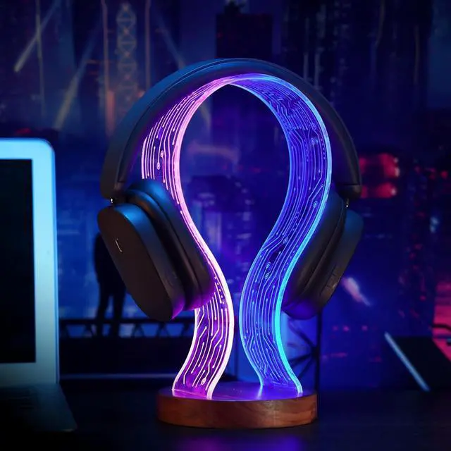 Main image of Lampeez Headphone Stand Headset Holder with Blue Pink LED Night Light Walnut Wood for Gamers, Music Lovers Gift Idea