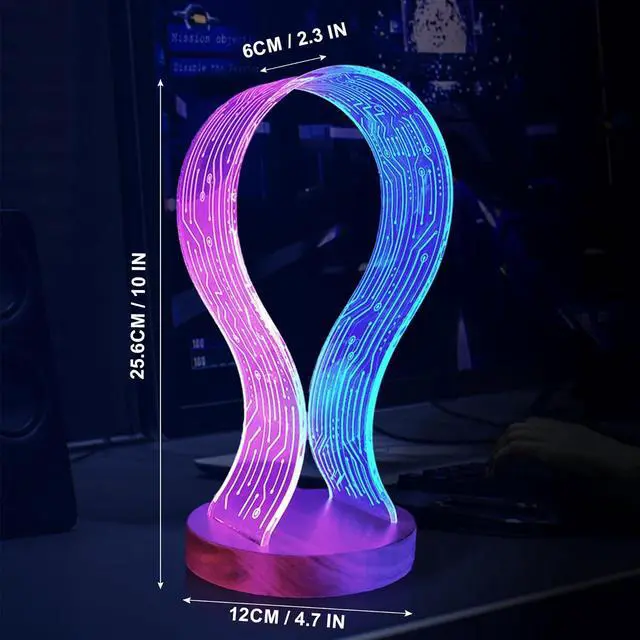Alt view image 6 of 6 - Lampeez Headphone Stand Headset Holder with Blue Pink LED Night Light Walnut Wood for Gamers, Music Lovers Gift Idea