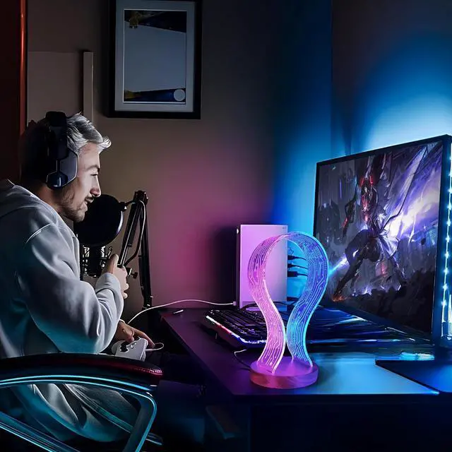 Alt view image 5 of 6 - Lampeez Headphone Stand Headset Holder with Blue Pink LED Night Light Walnut Wood for Gamers, Music Lovers Gift Idea