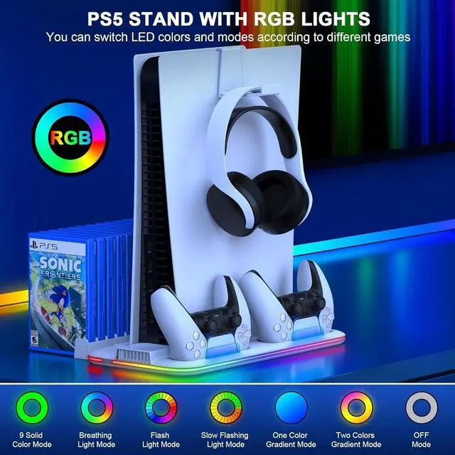 Alt view image 6 of 7 - PS5/Slim/Pro Stand and Cooling Station with Controller Charging Station for Digital/Disc, PS5 Accessories Incl. 3 Levels Cooling Fan, LED Light, 15 Game Storage, Headset Holder for Playsation 5 White