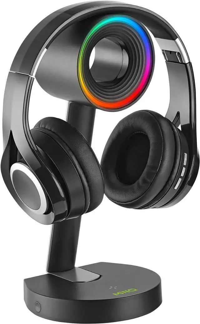 Main image of MINQ RGB Ring Shape Headphones Stand for Desk - Wireless Phone Charger Stand - Gamer Headset Stand, Airpod Max Stand - USB, USB C Charging & Aux - Perfect Gaming Accessories - Black